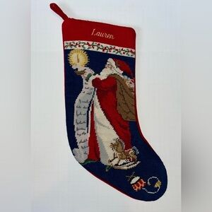 Lands End Santa Embroidered 100% Wool Christmas Stocking “Lauren” Needlepoint